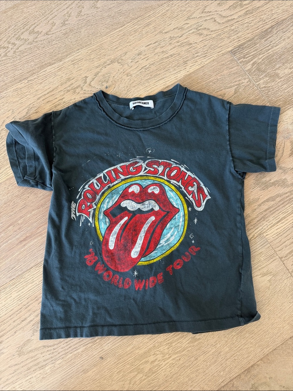 Daydreamer Black Rolling Stones Tongue Graphic Tee with Red and Yellow Accents